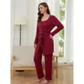 Roter Waffel-Hausanzug 3-teiliges Set für Damen mit Top, Mantel und langen Hosen. - S / Set / Rot