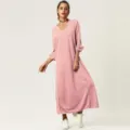 Elegante vestido largo y liso de manga larga con ribete blanco y elegantes lazos. - L / HD01-Rosa
