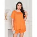 Conjunto de pijama de talla grande manga corta en naranja brillante, ropa de mujer. - Naranja