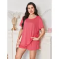 Plus Size Damen rosa Kurzarm Oberteil und Shorts Pyjama Set, bequeme Freizeit Hausbekleidung. - 1XL / Hellrot