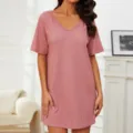 Femme ete manches courtes chemise de nuit gaufree decontractee col en v vetement de nuit - S / Rose
