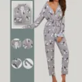Women grey plaid long sleeve pajama set loungewear with waist belt for autumn winter. - S / Gray