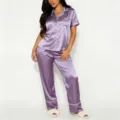 Conjunto de pijama corto de satén de seda para mujer con botones ropa de dormir lila - S / Parte Superior Y Inferior / Violeta Claro