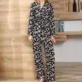 Women floral long sleeve pajama set vintage style loungewear two piece sleepwear nightwear - S / Top And Bottom / Black