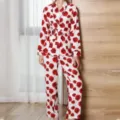 Women red rose print long sleeve pajama set with belt comfortable sleepwear loungewear variant - S / Top And Bottom / Red