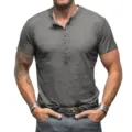 Men short sleeve casual slim fit henley t shirt detailed view for summer daily wear style - M / Dark Gray