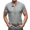 Men's casual slim fit short sleeve Henley t-shirt in grey comfortable summer top style - M / Light Gray