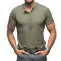 Detail view of men casual muscle fit henley short sleeve t shirt showing button placket. - Army Green