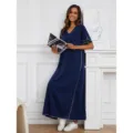 Robe longue femme à manches courtes avec coutures contrastées et nœud pour la saison d'été. - S / Robes / Bleu foncé