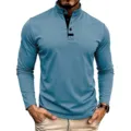 Men's long sleeve mandarin collar t-shirt casual slim fit top with button placket detail. - M / Tops / Light Blue