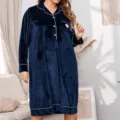 Plus size velvet nightgown for women, long sleeve cozy sleepwear with cute heart pocket. - 5XL / Navy Blue