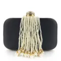 Black beaded evening bag with pearl tassels and rhinestone clasp for women elegant party use. - Black