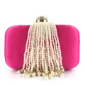 Stunning pink satin pearl evening clutch bag with cascading tassel and rhinestone clasp. - Rose Red