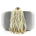 Γκρι σατέν τσάντα βραδινή clutch με κομψή φούντα από πέρλες και λεπτομέρεια στραζ. - Ασημί Γκρι