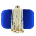 Blue satin evening clutch bag with elegant pearl fringe tassel and sparkling rhinestone clasp for women. - Blue