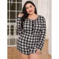 Plus size women long sleeve black and white plaid heart print romper pajamas for home wear - 0XL / Black White Grid