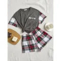 Women summer short sleeve sleepwear set casual plaid print pajama tops and shorts loungewear - S / Top And Bottom / Dark Gray