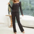 Women cute heart print long sleeve pajamas set, cozy sleepwear loungewear for autumn winter. - S / Top And Bottom / Black