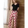 Ensemble pyjama femme haut manches courtes et pantalon long imprime roses salon ete - S / Haut et Bas / 20122-Noir