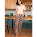 Ensemble Pyjama Femme Manches Courtes Col V et Pantalon Long Imprimé Léopard Rouge - S / Haut et Bas / RM110-Abricot