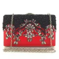 Elegant red evening clutch bag detailed with black beads and sparkling crystals. - Red