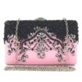 Pink evening clutch bag featuring handmade black bead embroidery and silver chain strap. - Pink