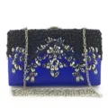 Blue beaded evening clutch bag with sparkling rhinestones and silver chain strap for women. - Blue