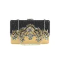 Elegant gold evening clutch bag with black beadwork and sparkling rhinestones for women. - Gold