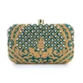 Green embroidered pearl evening clutch bag, elegant vintage beaded party handbag detail. - Green + Gold