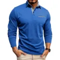 Men's long sleeve polo shirt with contrast plaid collar and pocket detail, casual top. - S / Blue
