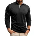 Men's long sleeve polo shirt detailed view showing stylish plaid collar and chest pocket design. - S / Black