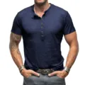 Details of dark blue men's slub cotton short sleeve Henley shirt with button placket. - Sapphire Blue