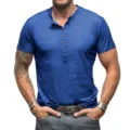 Men's blue muscular henley short sleeve t-shirt detail view, casual slim fit top. - Blue