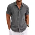 Herren Sommer Kurzarm Freizeit Knopfleiste Hemd dunkelgrau Oberteil mit weisse Hose - S / Dunkelgrau