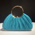 Elegant turquoise satin pleated evening bag with gold ring handle for party prom women. - Teal