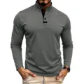 Men's solid gray long sleeve stand collar shirt with button placket detail for autumn wear. - Gray