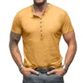 Detailed view of men solid color short sleeve henley shirt, featuring front button placket. - Yellow