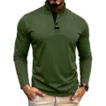 Close-up detail of mens long sleeve stand collar casual shirt in army green with button placket. - M / Tops / Army Green