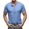 Men's Summer Casual Muscle Fit Henley Short Sleeve T-Shirt Detail View Classic - Light Blue