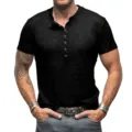 Men's casual slim fit short sleeve Henley T-shirt for summer, solid color basic tee top. - M / Black