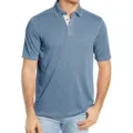 Short-sleeve blue heathered polo shirt detail showing collar and button placket design. - S / Grey Blue