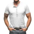 Detailed view of men's short sleeve muscle fit Henley t-shirt in casual light grey. - M / White