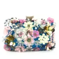 Detailed view of handmade colorful sequin flower evening clutch with sparkling rhinestone clasp. - Blue