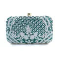 Elegant dark green embroidered evening clutch bag with handmade pearls and gold clasp detail. - Green + Silver
