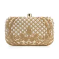 Gold embroidered pearl evening clutch bag featuring intricate details and a secure metal clasp. - Apricot + Gold