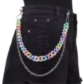Detail shot of multi-layer hip hop pant chain featuring pastel acrylic and silver metal links. - Heart Patchwork Trousers Chain K0146B
