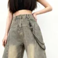 Gothic cross tassel pants chain detail, punk hip hop streetwear accessory, retro distressed denim pants. - Punk Spike Trousers Chain K0348