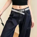Shiny rhinestone belt detail closeup, sparkly waist accessory for women trendy outfits. - Star Silver Belt-K0451C