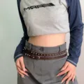 Retro Ledergürtel mit Nieten für Damen, doppellagiger Taillengürtel im dunklen Stil für Outfits. - Braun