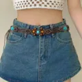 Böhnischer gewebter Taillengürtel mit Türkis und Holzperlen, Retro Quasten Hüftgurt Damen. - Geflochtene Taillenkette aus brauner Schnur mit Türkis K0164B